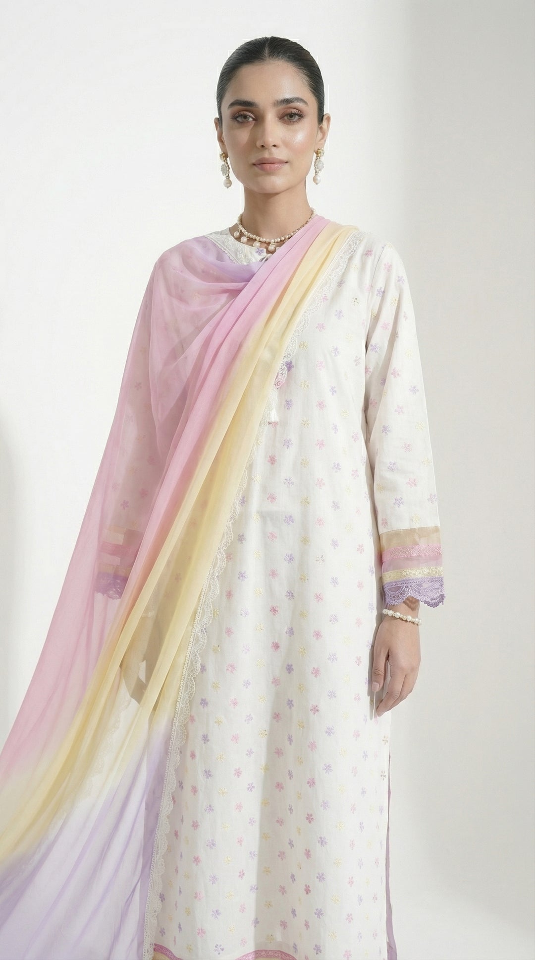 Reema Ahsan - Nelor Chicken Suit For Women - White and Multi - 3 Piece - Studio by TCS