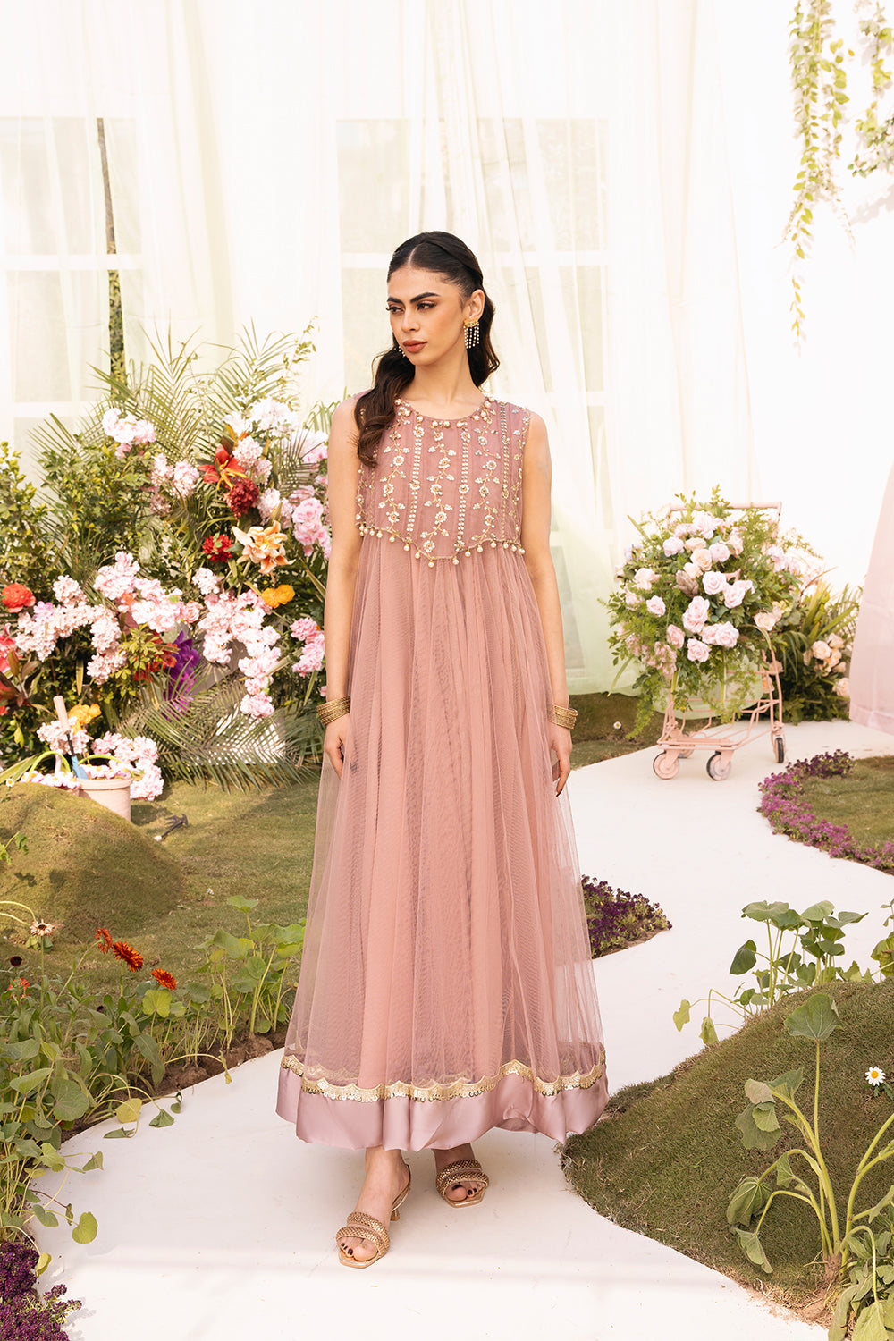 Hummingbirds - Champagne & Gold Embroidered Dress For Girl