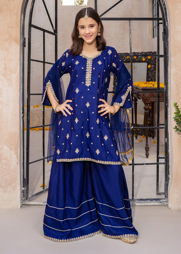Modest - Blue Rawsilk Embroidered Gharara For Girl - 3 Piece