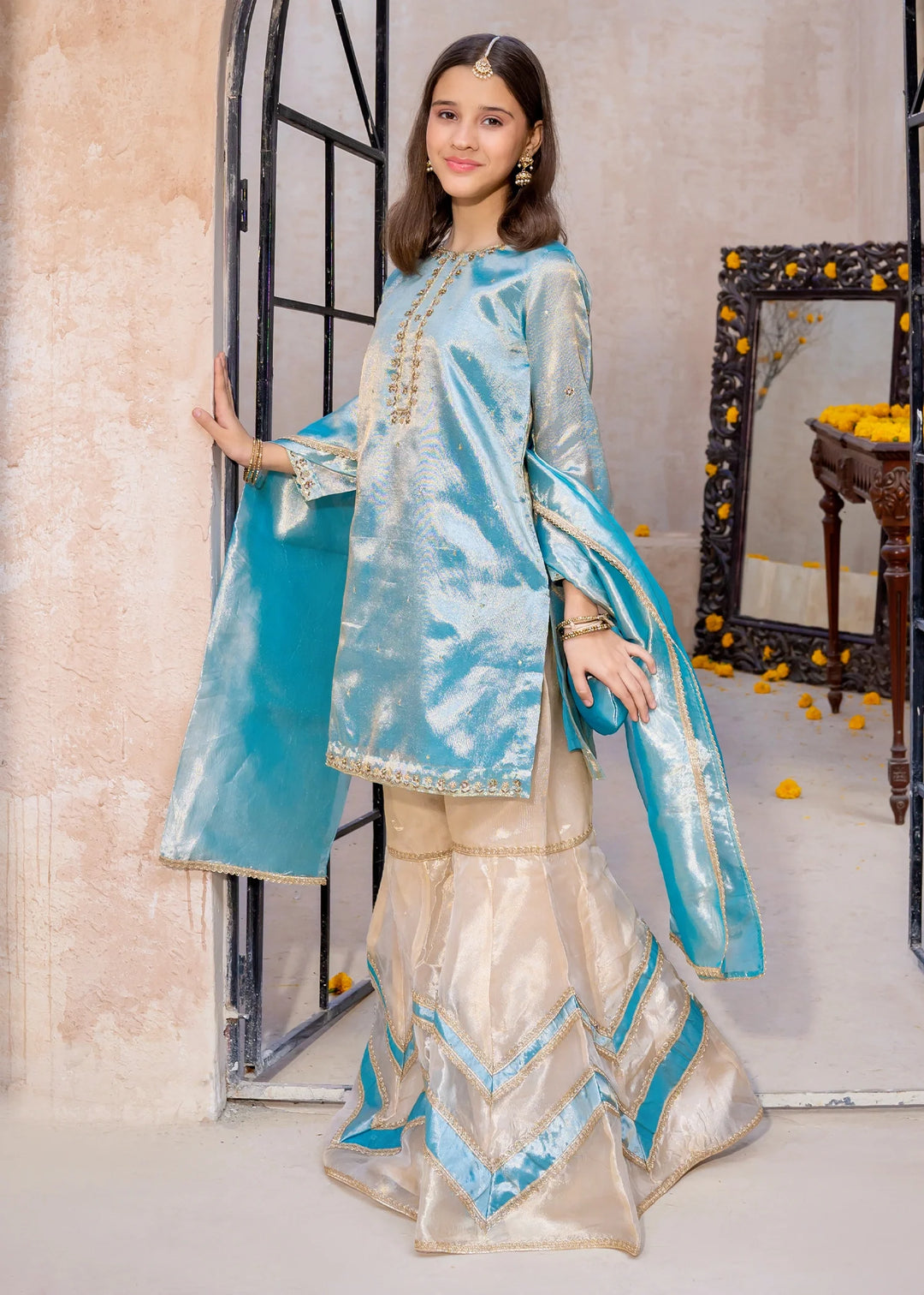 Modest - Blue Embroidered Maysuri Gharara For Girl - 3 Piece