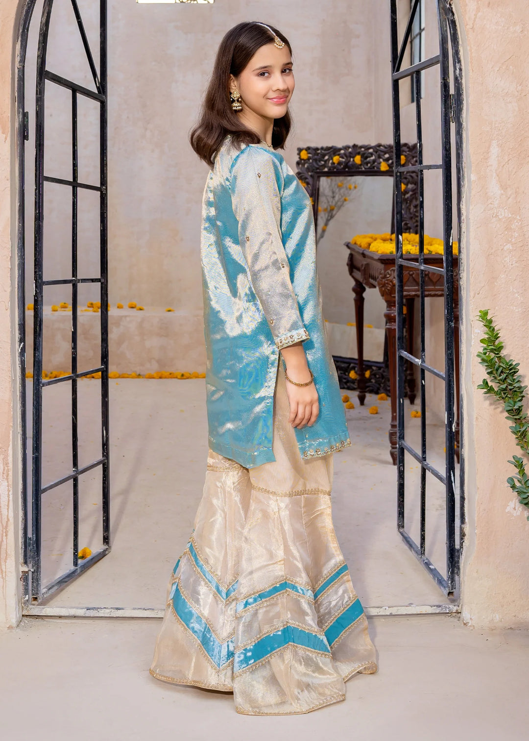 Modest - Blue Embroidered Maysuri Gharara For Girl - 3 Piece