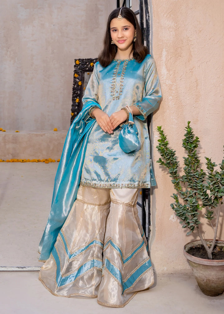 Modest - Blue Embroidered Maysuri Gharara For Girl - 3 Piece