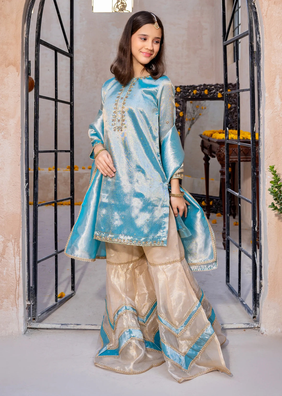 Modest - Blue Embroidered Maysuri Gharara For Girl - 3 Piece