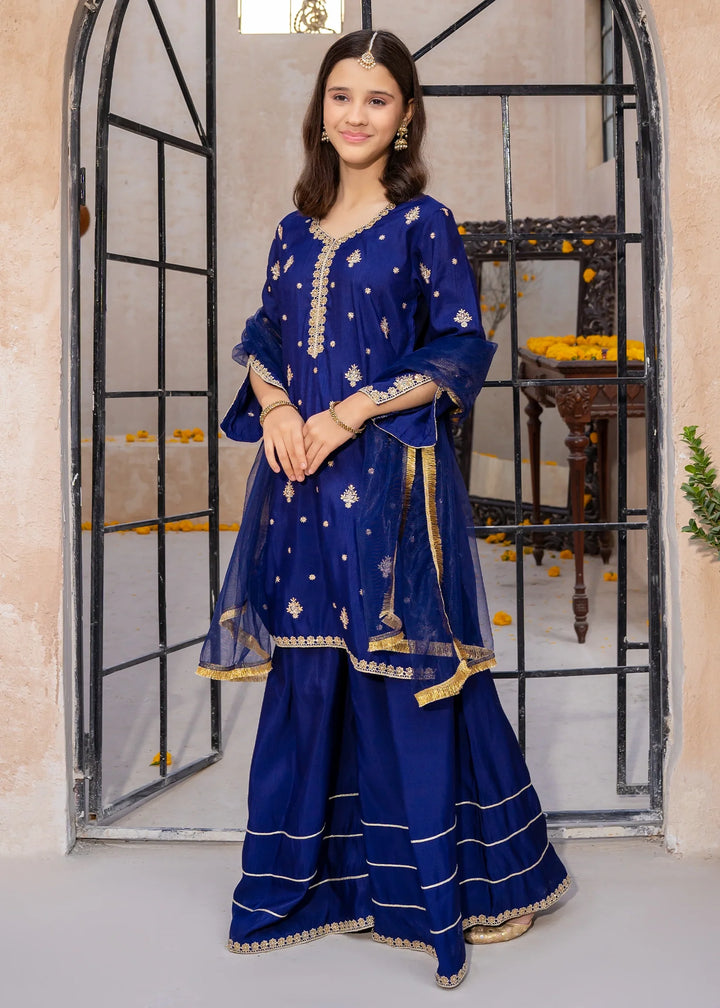 Modest - Blue Rawsilk Embroidered Gharara For Girl - 3 Piece