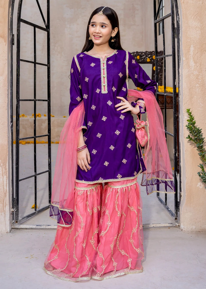 Modest - Rawsilk Embroidered Gharara For Girl - Purple - 3 Piece