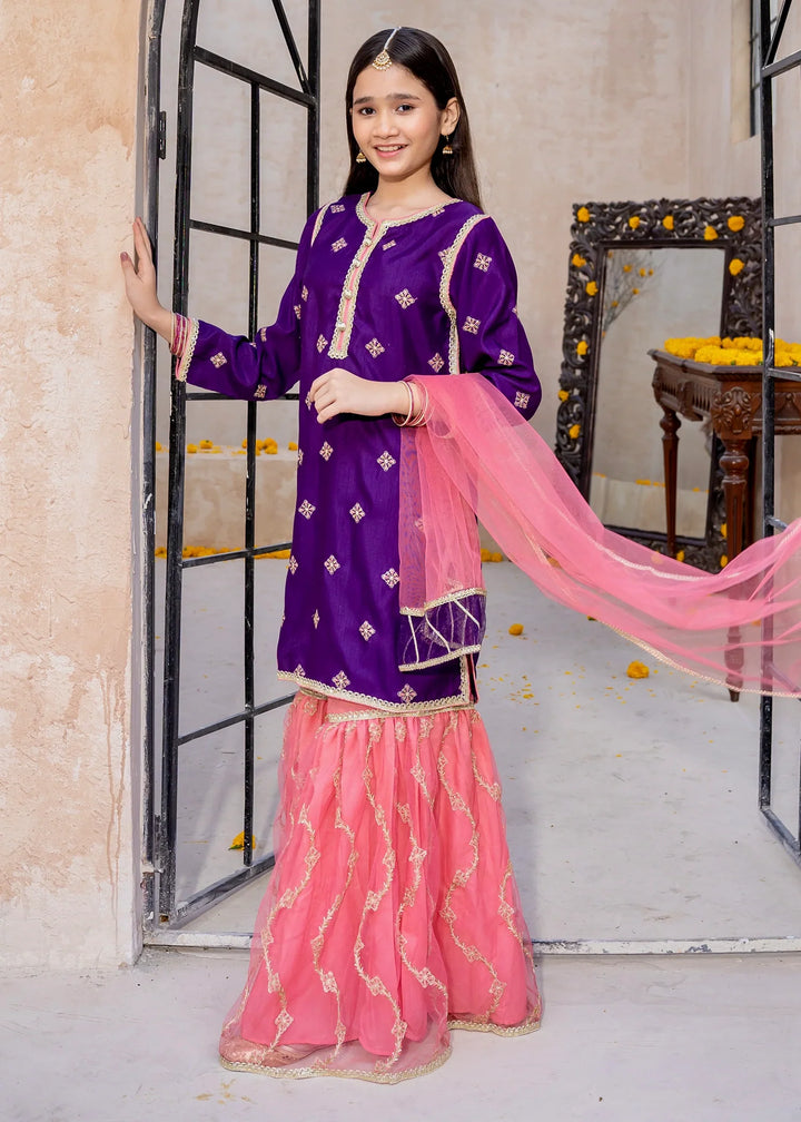 Modest - Rawsilk Embroidered Gharara For Girl - Purple - 3 Piece