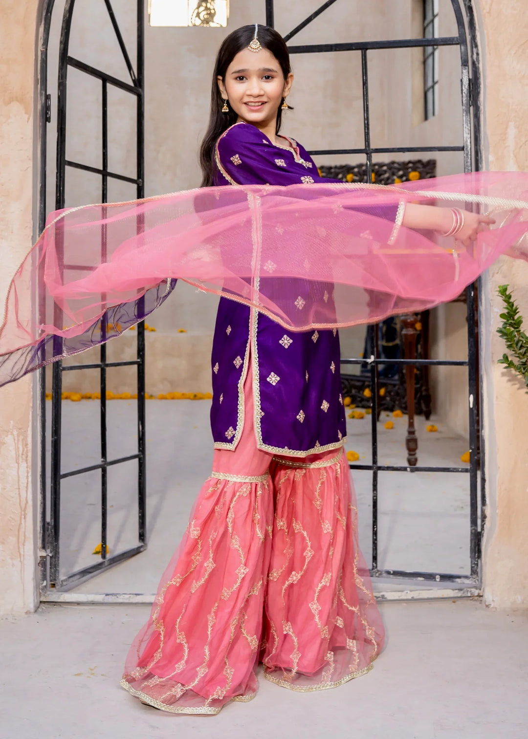 Modest - Rawsilk Embroidered Gharara For Girl - Purple - 3 Piece