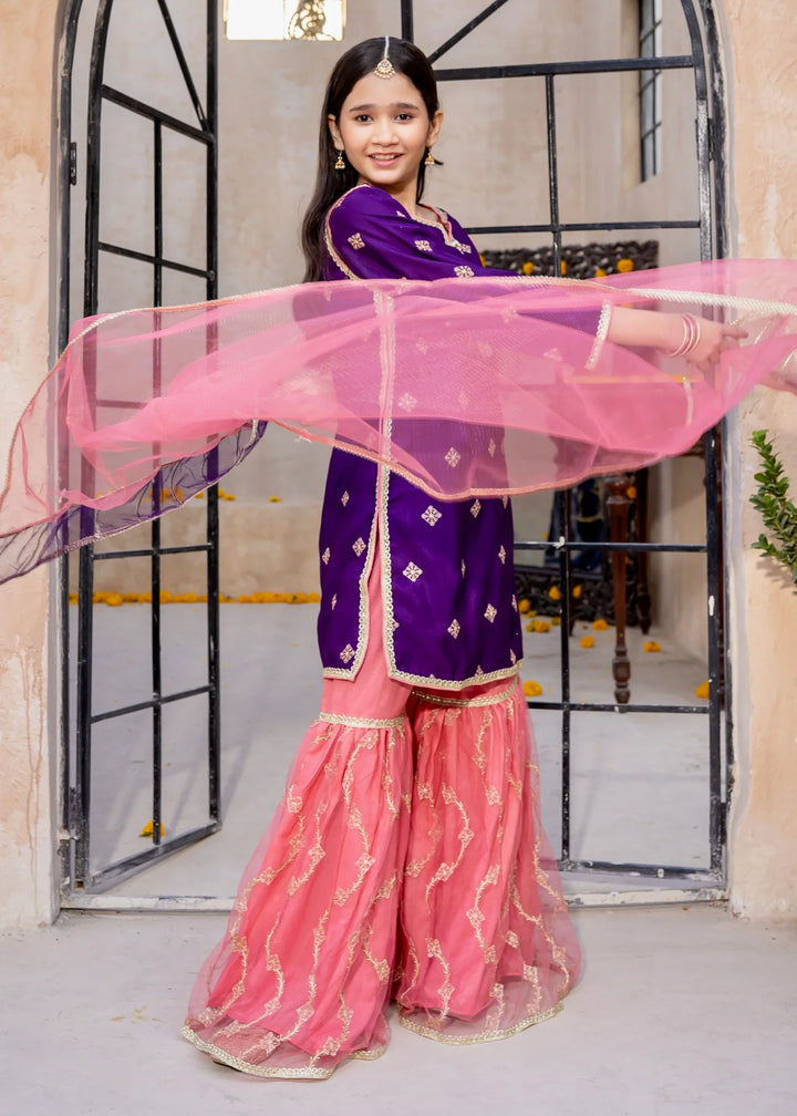 Modest - Rawsilk Embroidered Gharara For Girl - Purple - 3 Piece