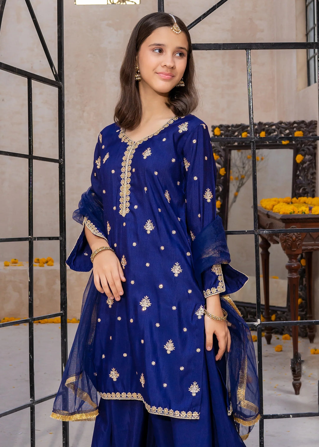 Modest - Blue Rawsilk Embroidered Gharara For Girl - 3 Piece