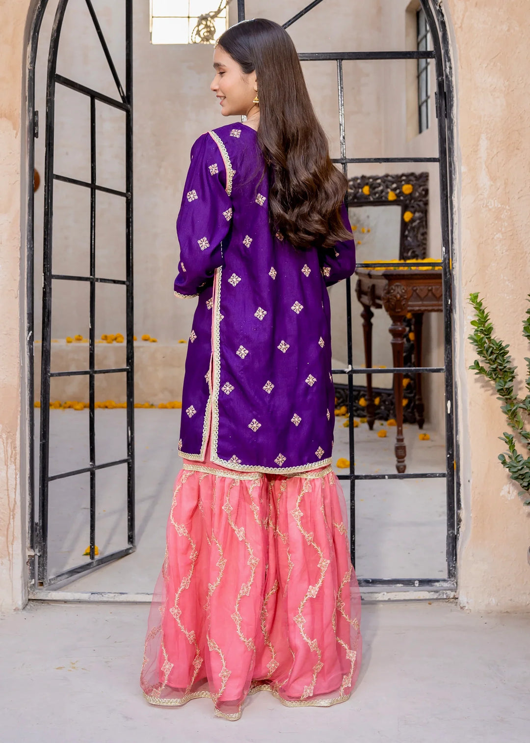 Modest - Rawsilk Embroidered Gharara For Girl - Purple - 3 Piece