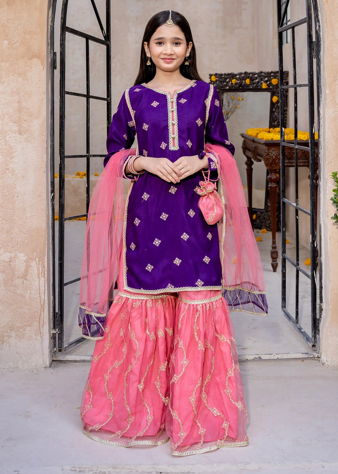 Modest - Rawsilk Embroidered Gharara For Girl - Purple - 3 Piece