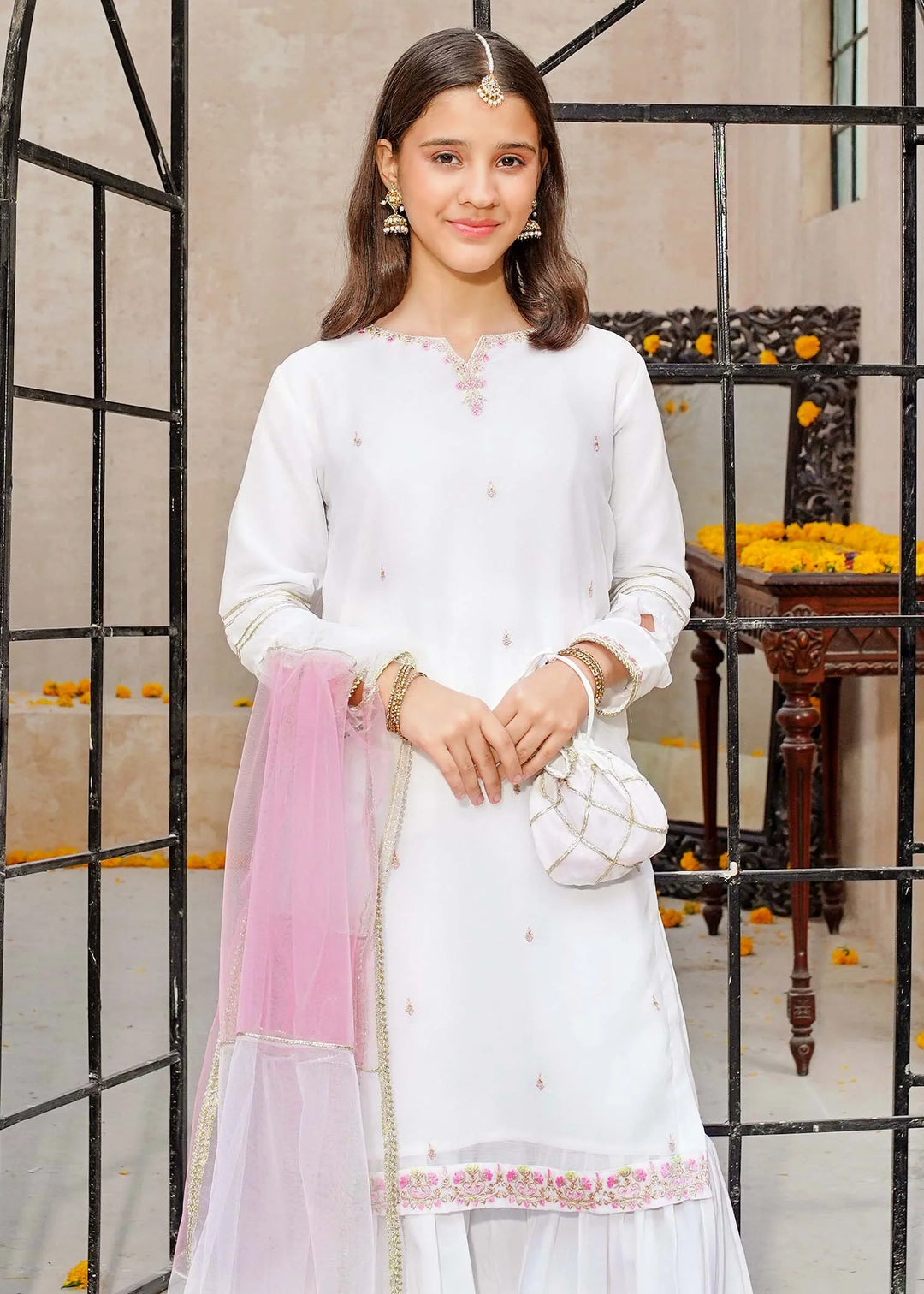 Modest - Chiffon Embroidered Gharara For Girl - White - 3 Piece