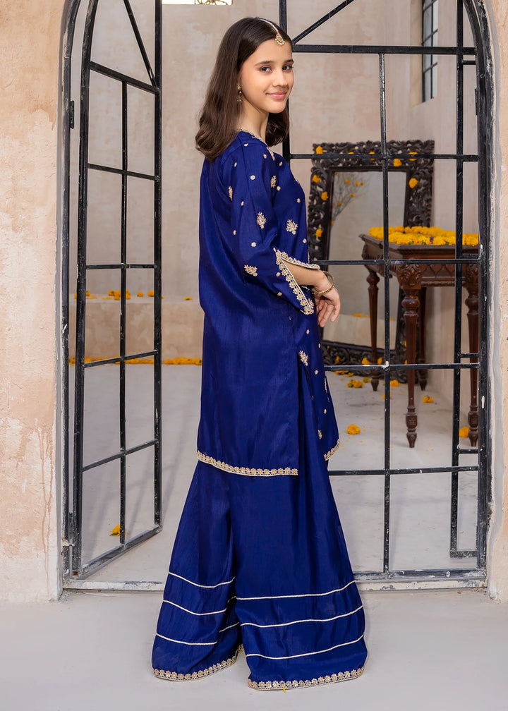 Modest - Blue Rawsilk Embroidered Gharara For Girl - 3 Piece