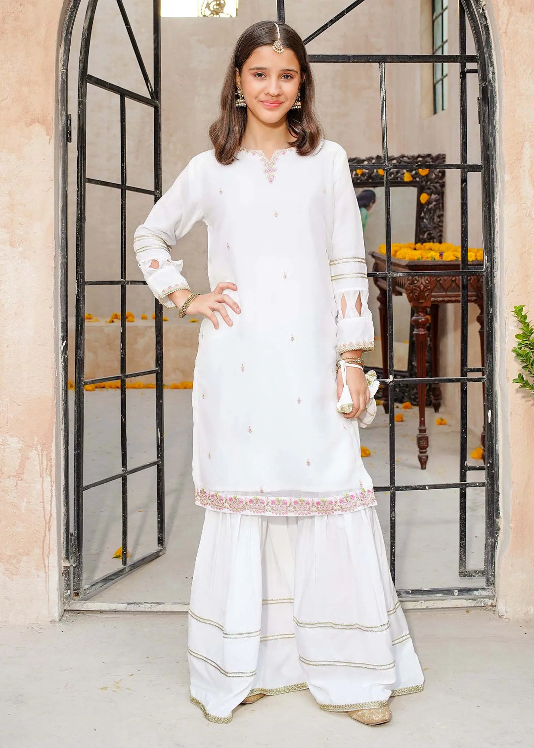 Modest - Chiffon Embroidered Gharara For Girl - White - 3 Piece