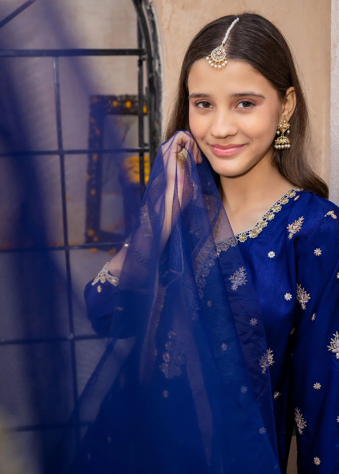 Modest - Blue Rawsilk Embroidered Gharara For Girl - 3 Piece