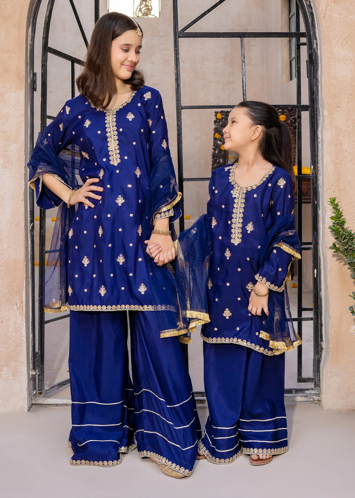 Modest - Blue Rawsilk Embroidered Gharara For Girl - 3 Piece