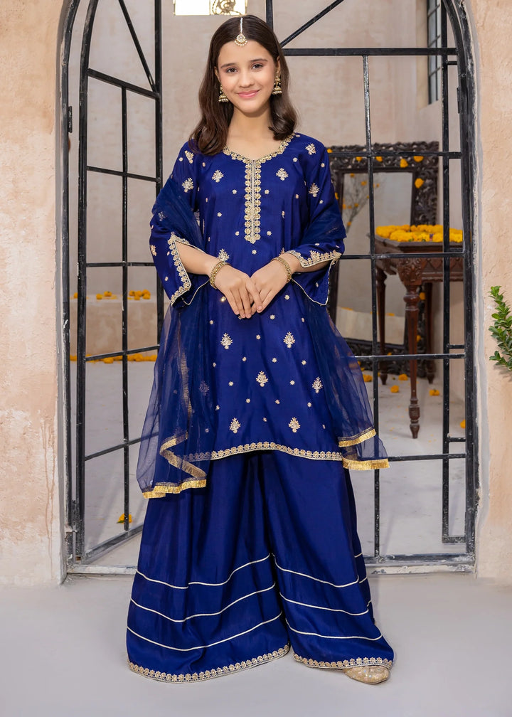 Modest - Blue Rawsilk Embroidered Gharara For Girl - 3 Piece