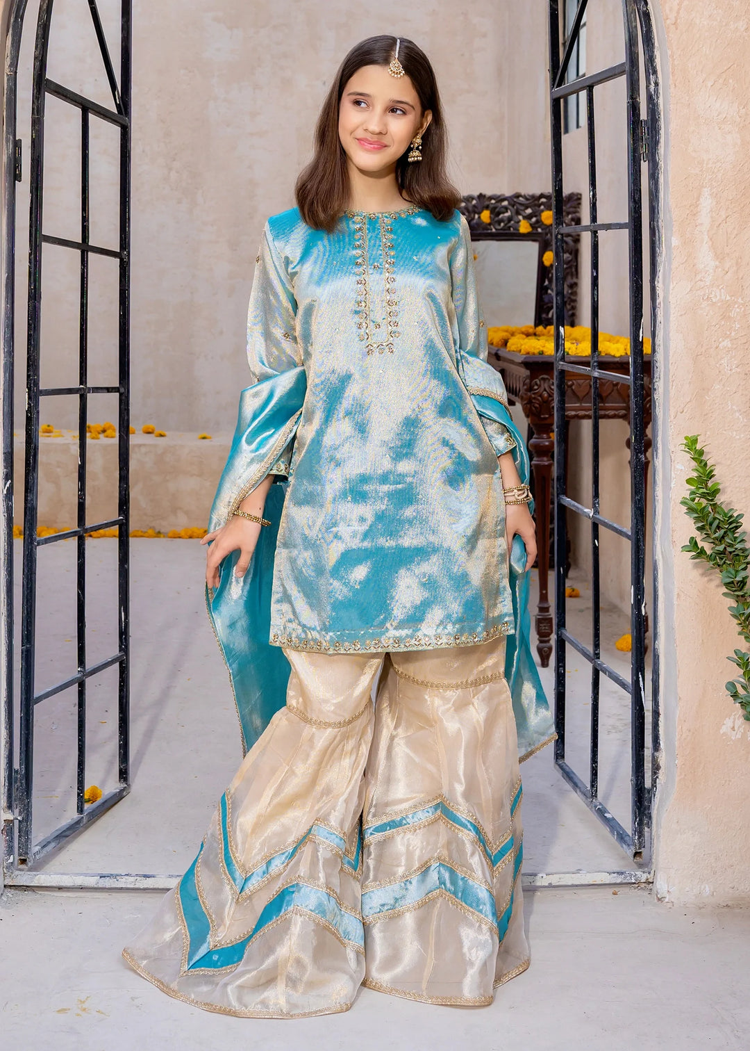 Modest - Blue Embroidered Maysuri Gharara For Girl - 3 Piece