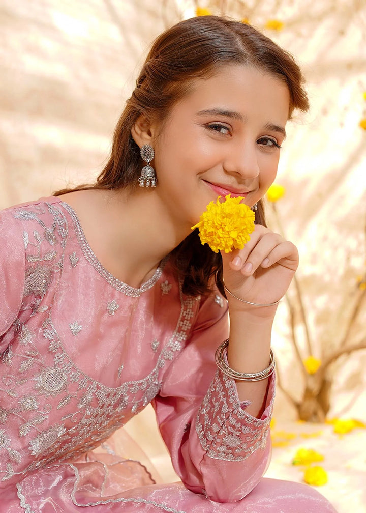 Modest - Tissue Pink Embroidered Frock For Girl - 3 Piece