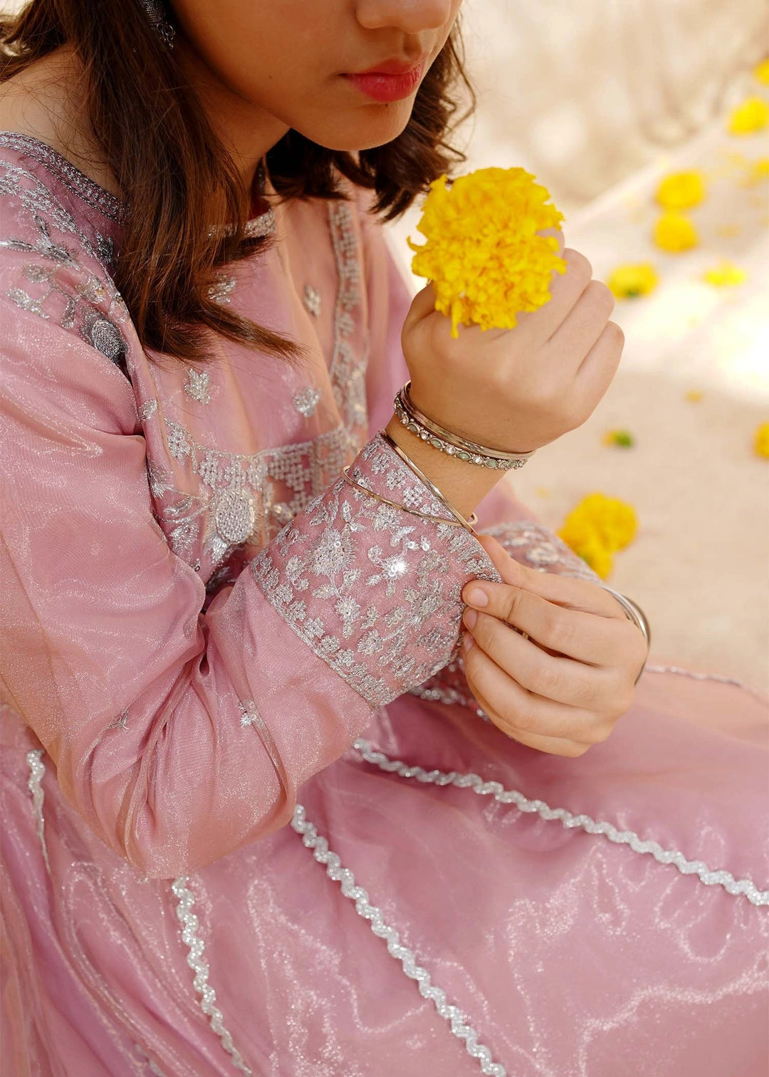 Modest - Tissue Pink Embroidered Frock For Girl - 3 Piece