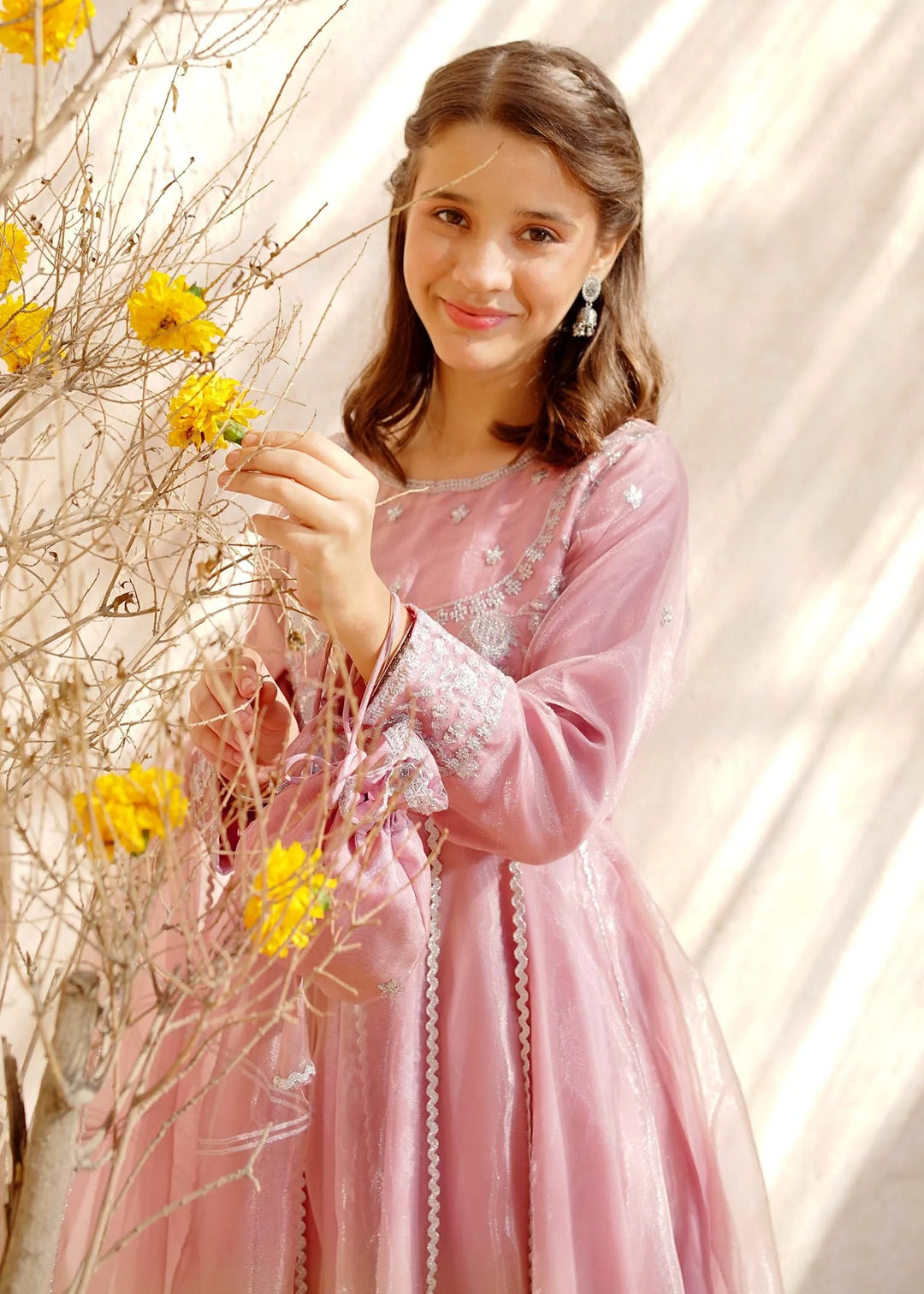 Modest - Tissue Pink Embroidered Frock For Girl - 3 Piece
