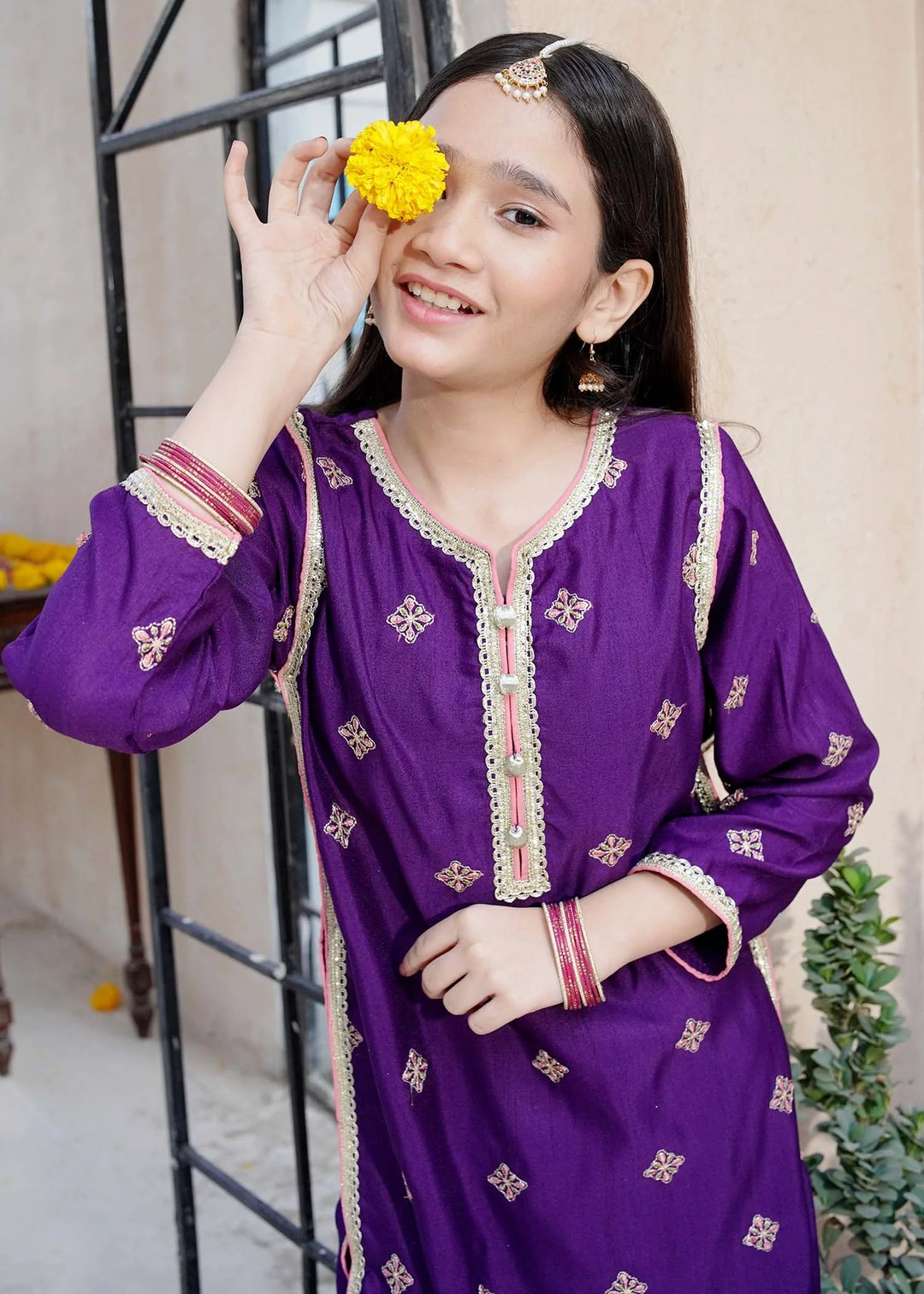 Modest - Rawsilk Embroidered Gharara For Girl - Purple - 3 Piece