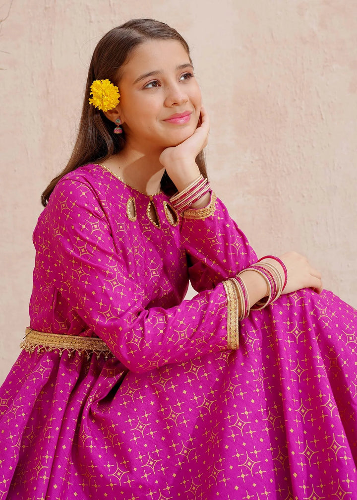 Modest - Purple Rawsilk Printed Frock For Girl - 3 Piece