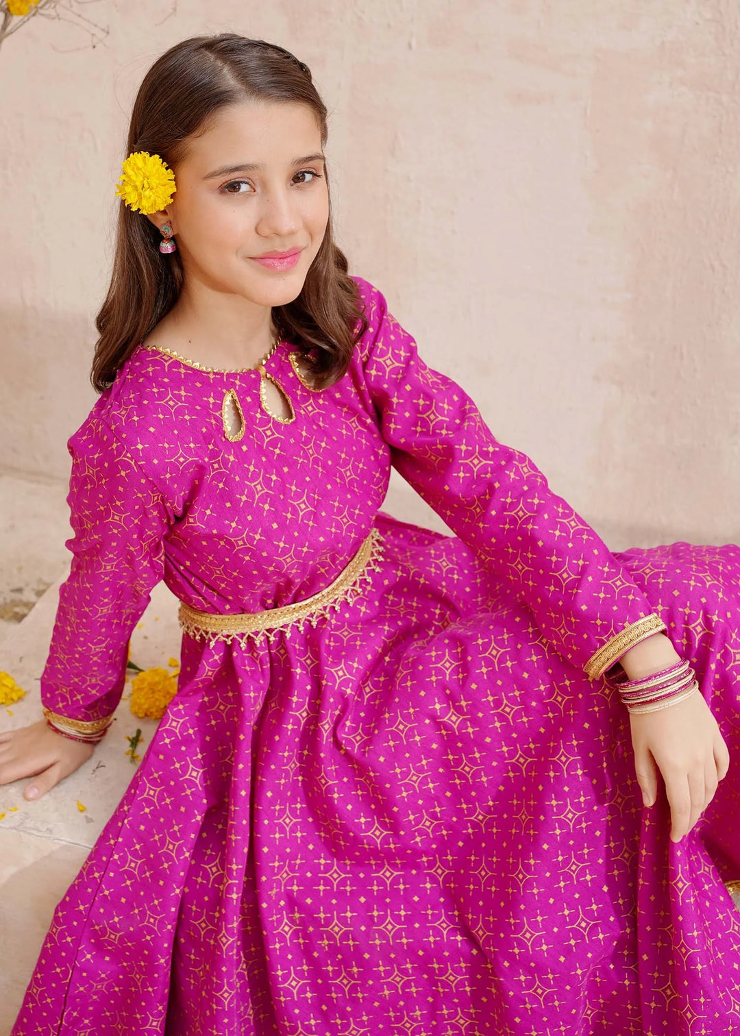 Modest - Purple Rawsilk Printed Frock For Girl - 3 Piece
