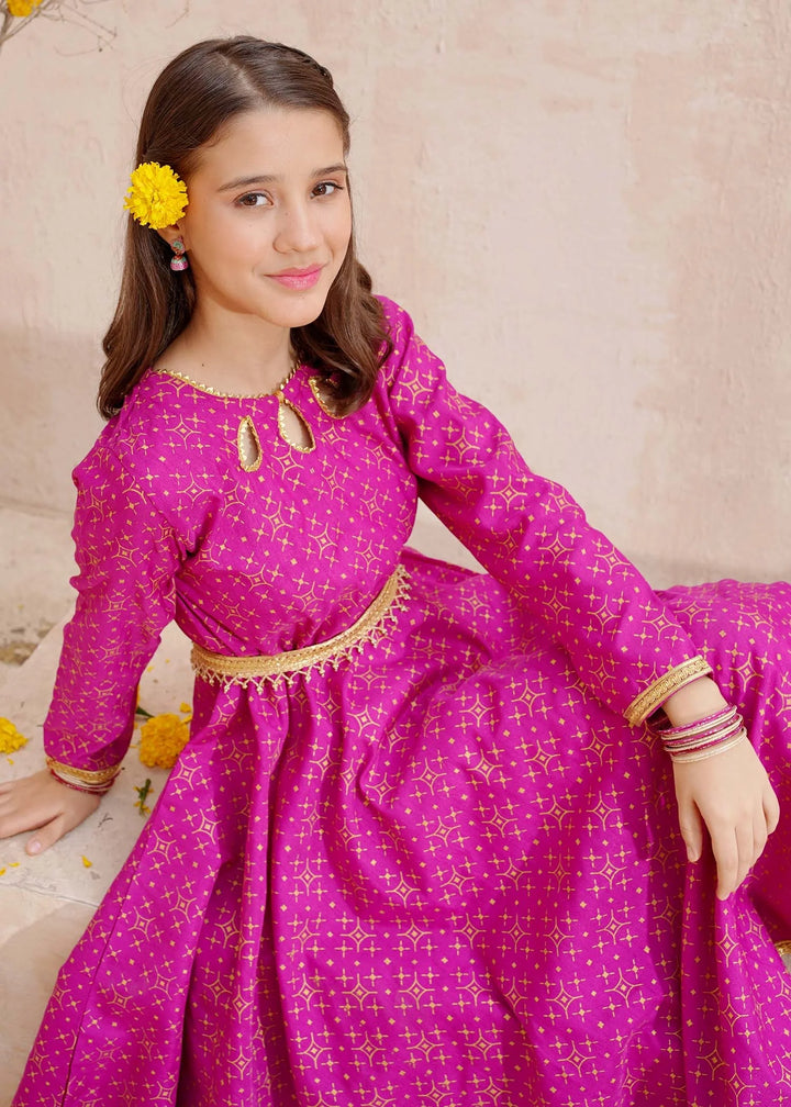 Modest - Purple Rawsilk Printed Frock For Girl - 3 Piece