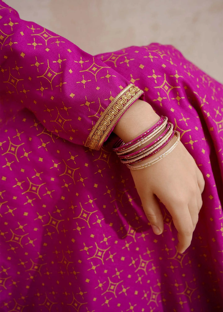 Modest - Purple Rawsilk Printed Frock For Girl - 3 Piece