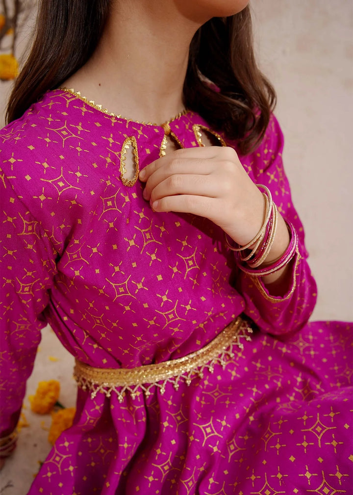 Modest - Purple Rawsilk Printed Frock For Girl - 3 Piece