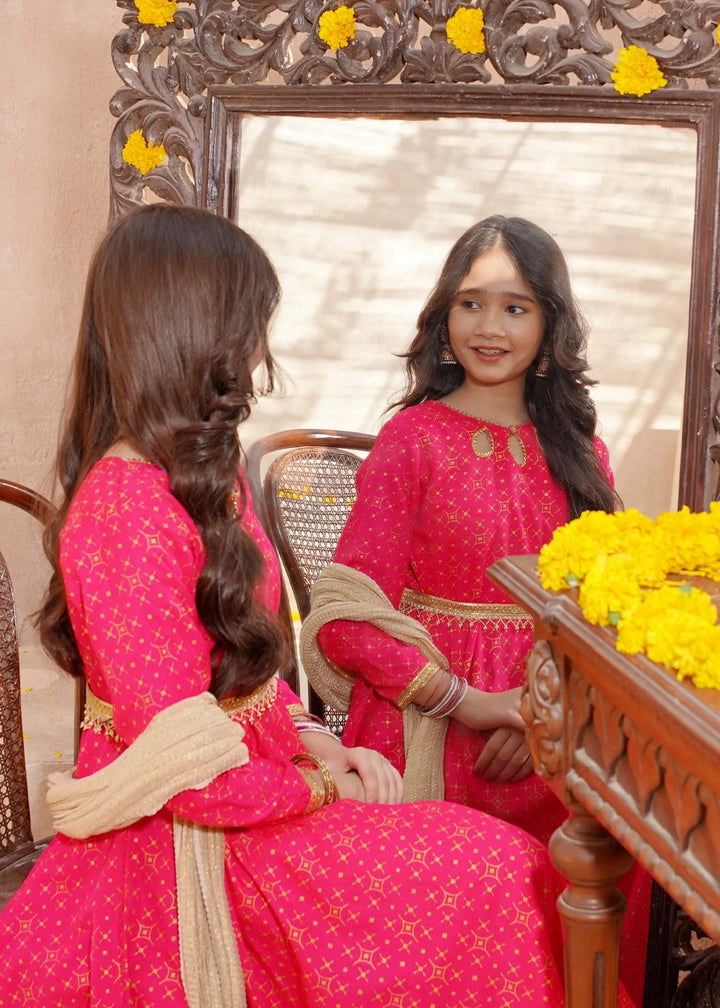 Modest - Pink Rawsilk Printed Frock For Girl - 3 Piece