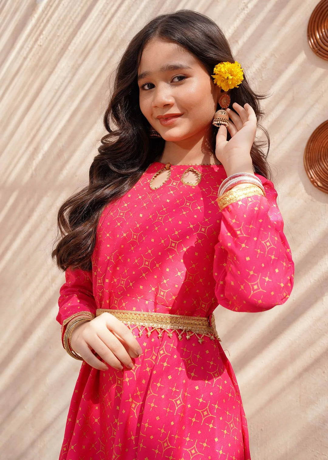 Modest - Pink Rawsilk Printed Frock For Girl - 3 Piece