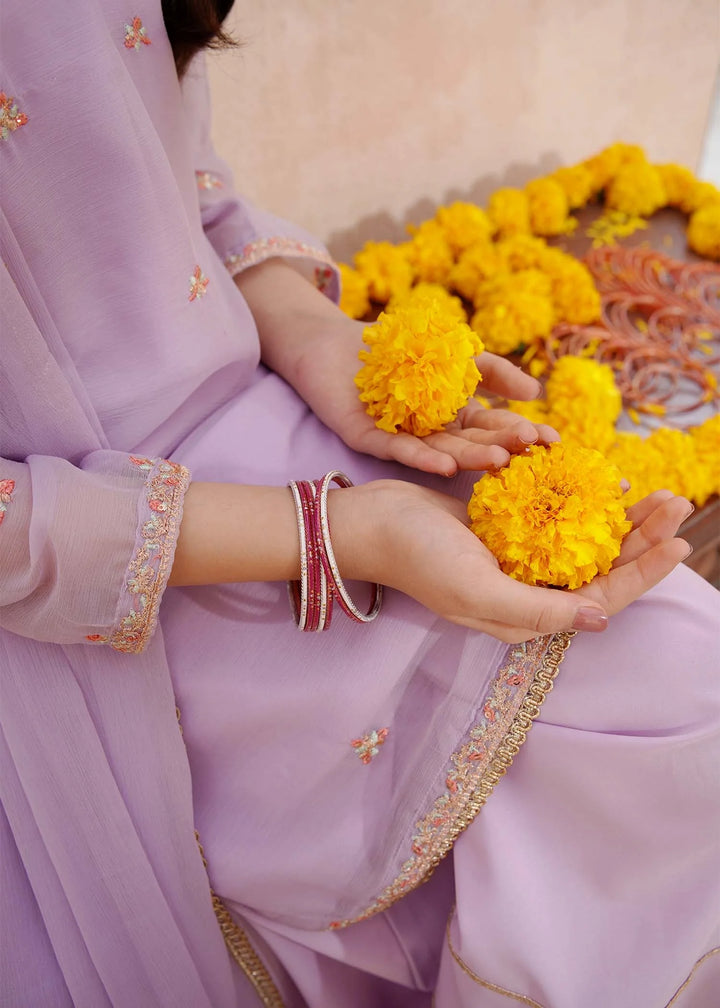 Modest - Lavender Crinkle Embroidered Suit For Girl - 3 Piece