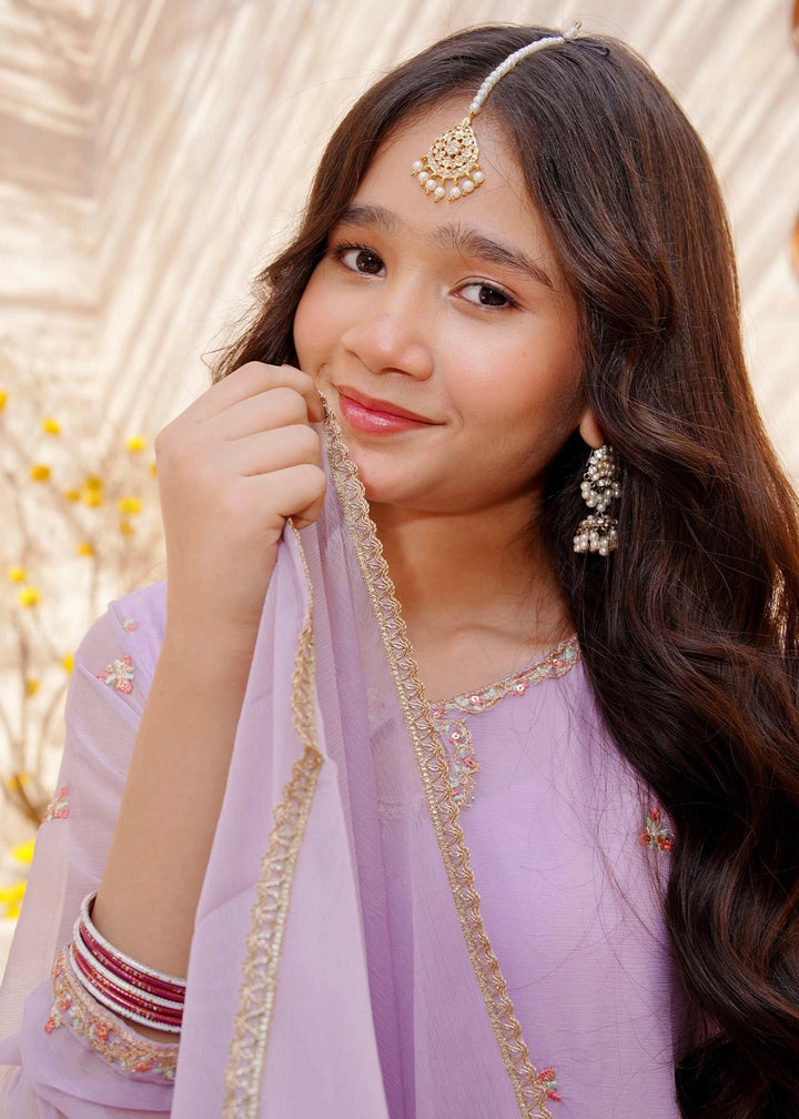 Modest - Lavender Crinkle Embroidered Suit For Girl - 3 Piece