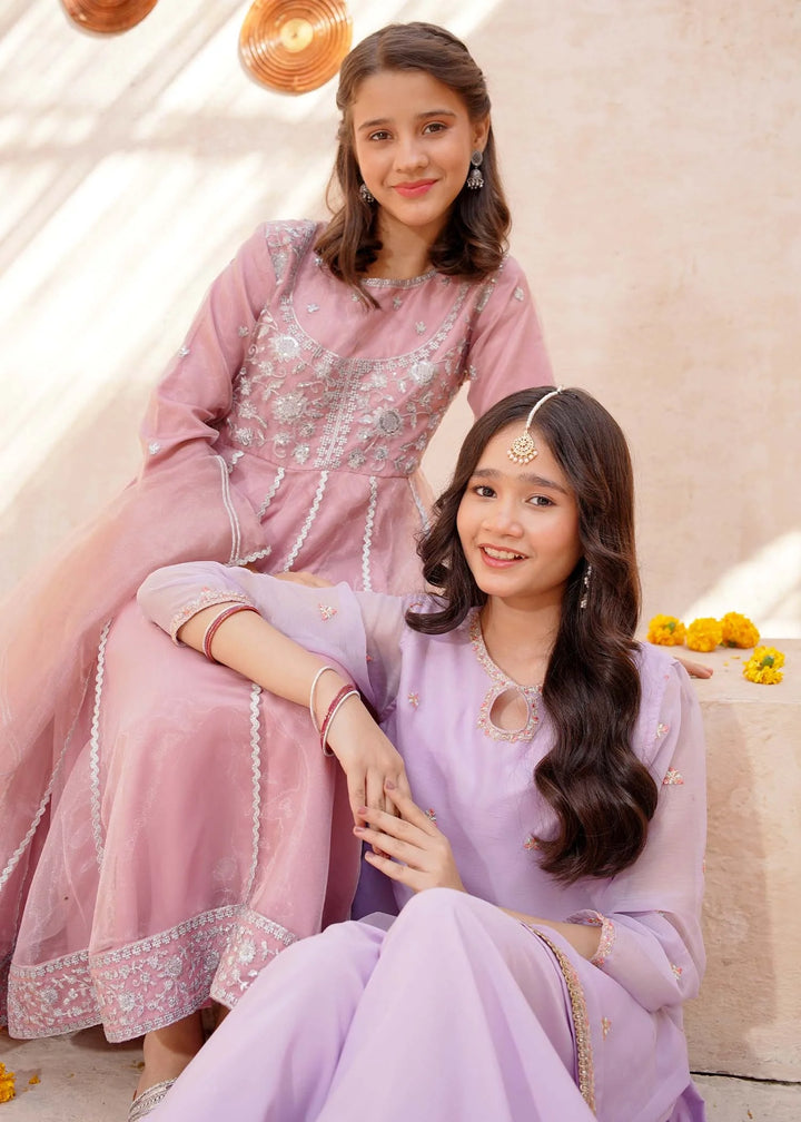 Modest - Tissue Pink Embroidered Frock For Girl - 3 Piece