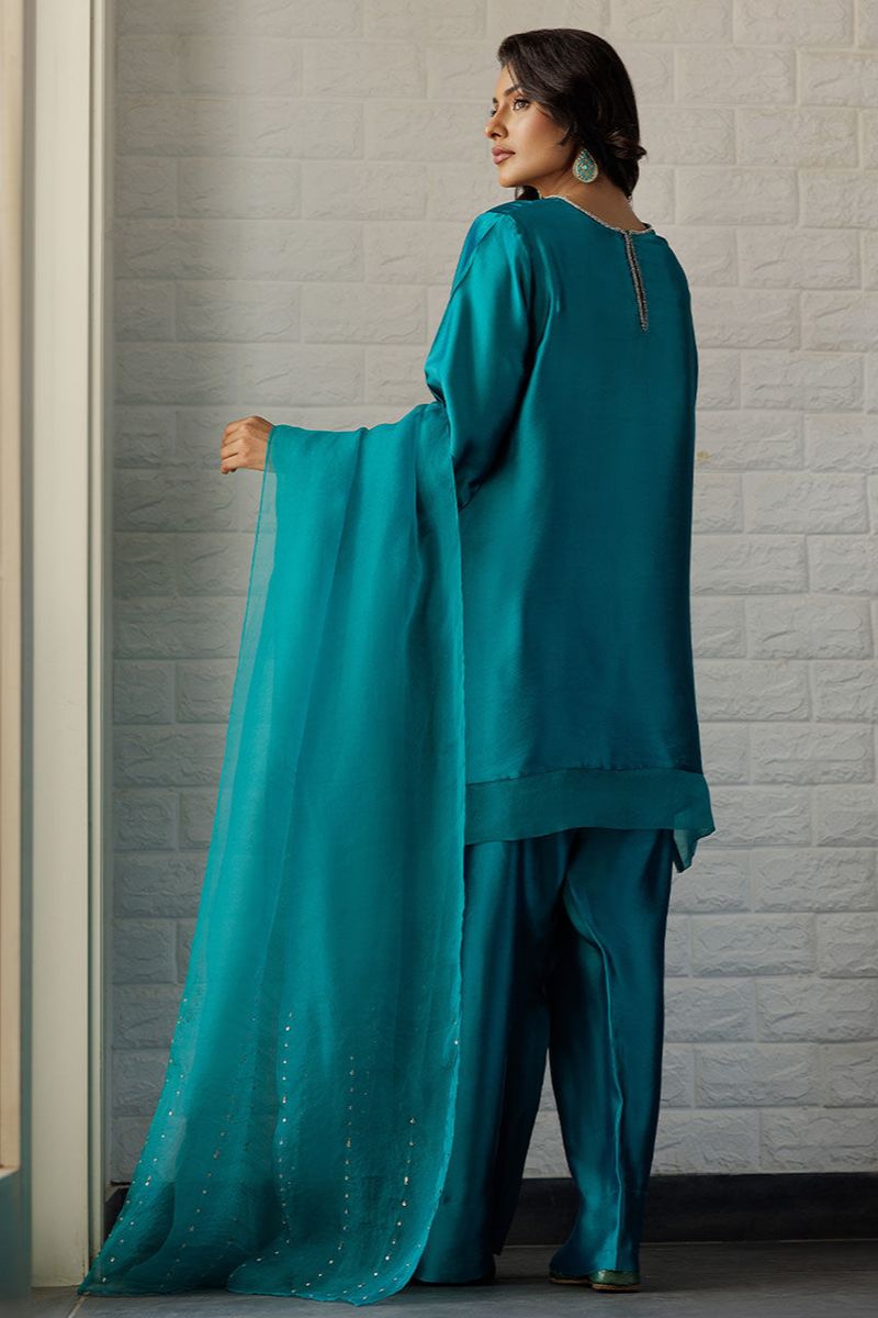 Deepak Perwani - Teal Farshi - Sheesha Silk - Emerald - 2 Piece