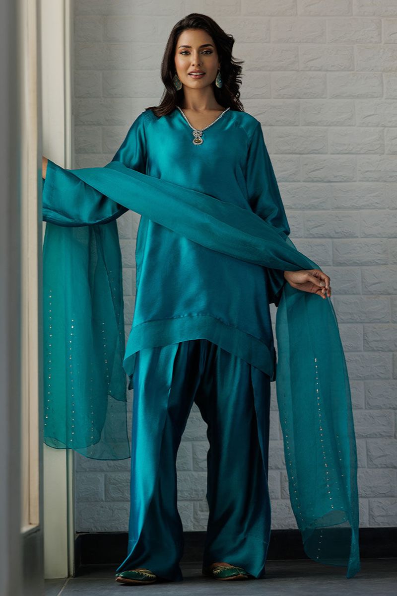 Deepak Perwani - Teal Farshi - Sheesha Silk - Emerald - 2 Piece