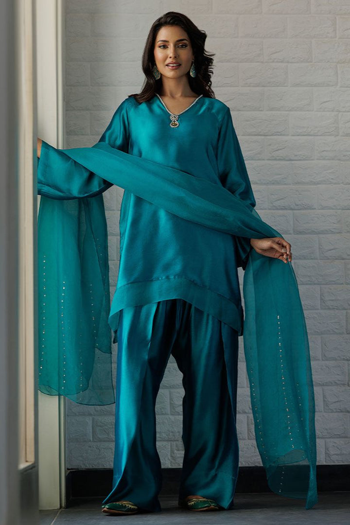 Deepak Perwani - Teal Farshi - Sheesha Silk - Emerald - 2 Piece