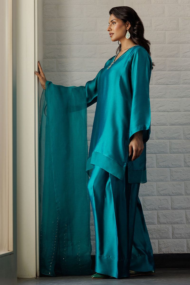 Deepak Perwani - Teal Farshi - Sheesha Silk - Emerald - 2 Piece