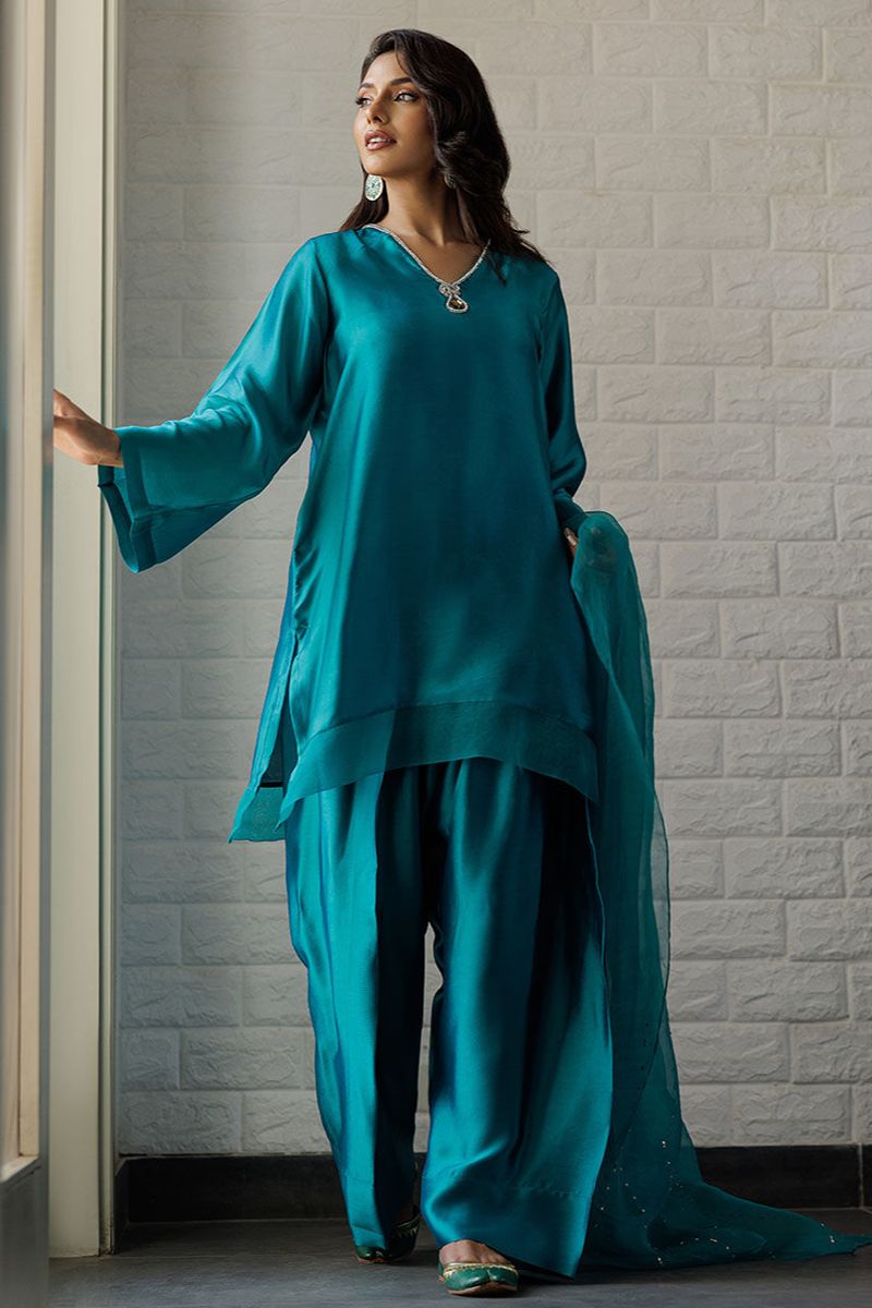 Deepak Perwani - Teal Farshi - Sheesha Silk - Emerald - 2 Piece