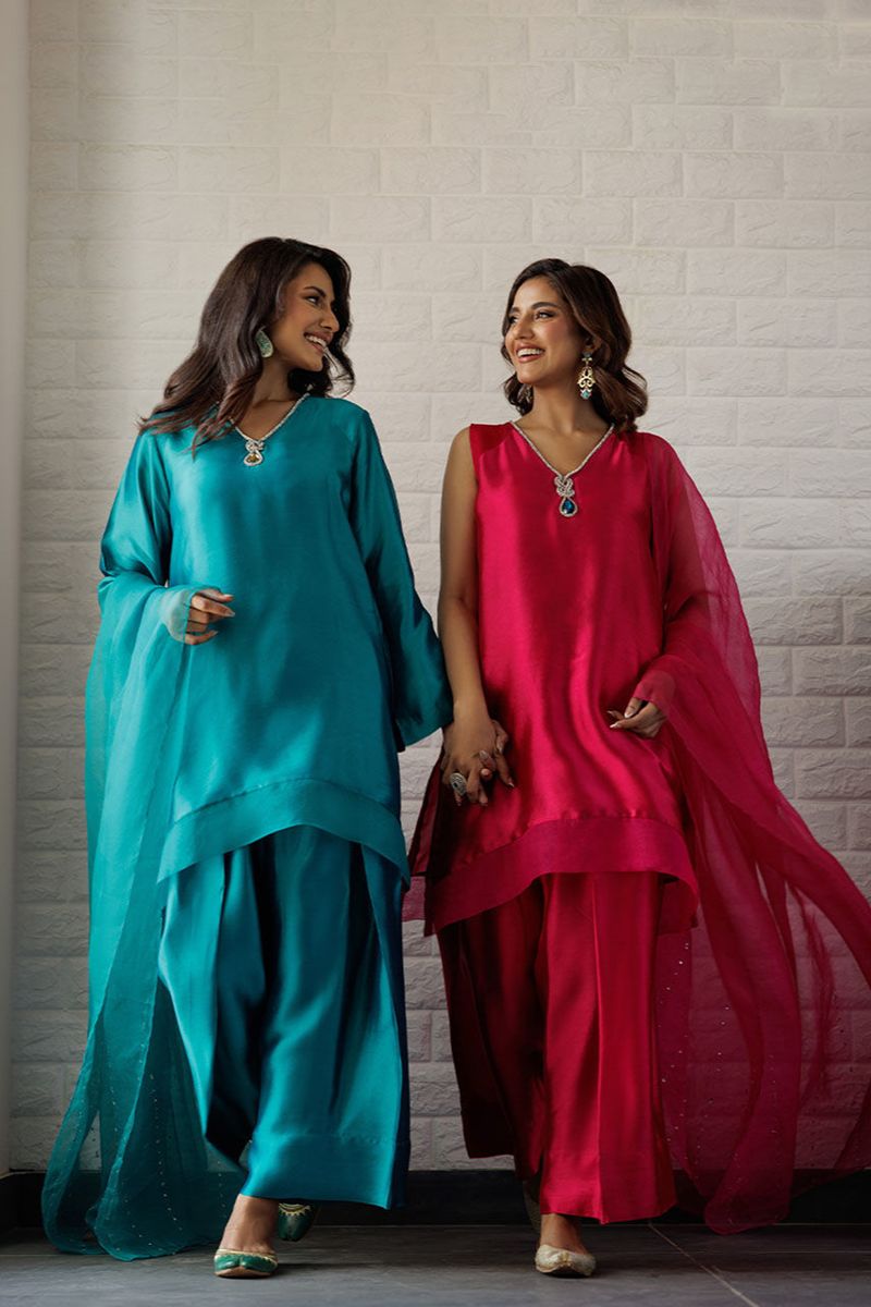 Deepak Perwani - Teal Farshi - Sheesha Silk - Emerald - 2 Piece