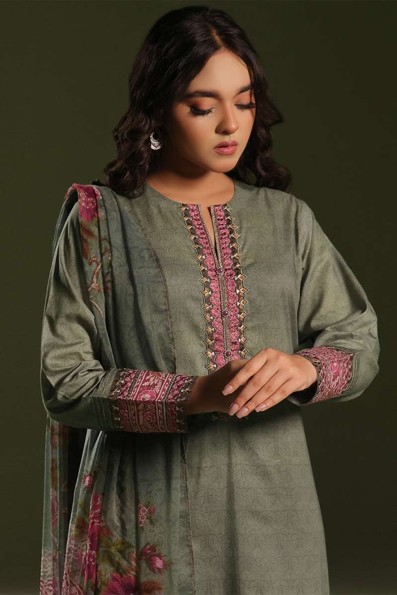 Oaks - Embroidered Pret Suit Cambric Green  - 3 Piece