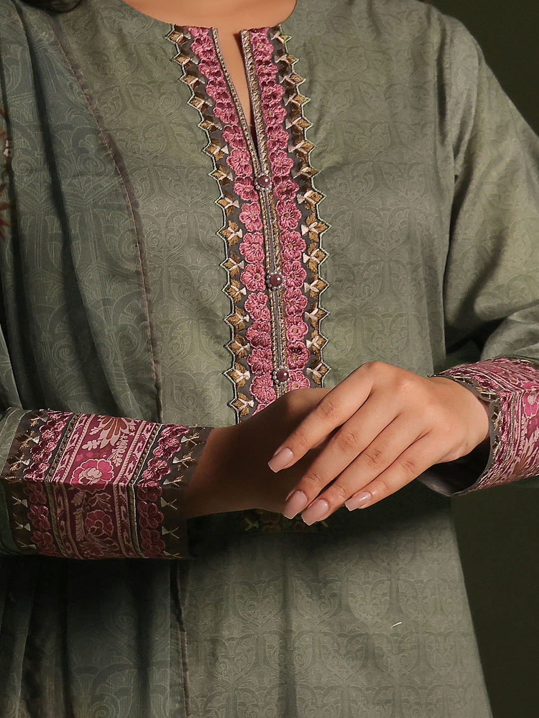 Oaks - Embroidered Pret Suit Cambric Green  - 3 Piece