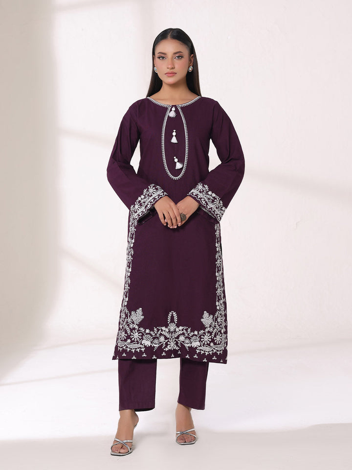 Oaks - Embroidered Khaddar Purple Pret Suit For Women - 2 Piece
