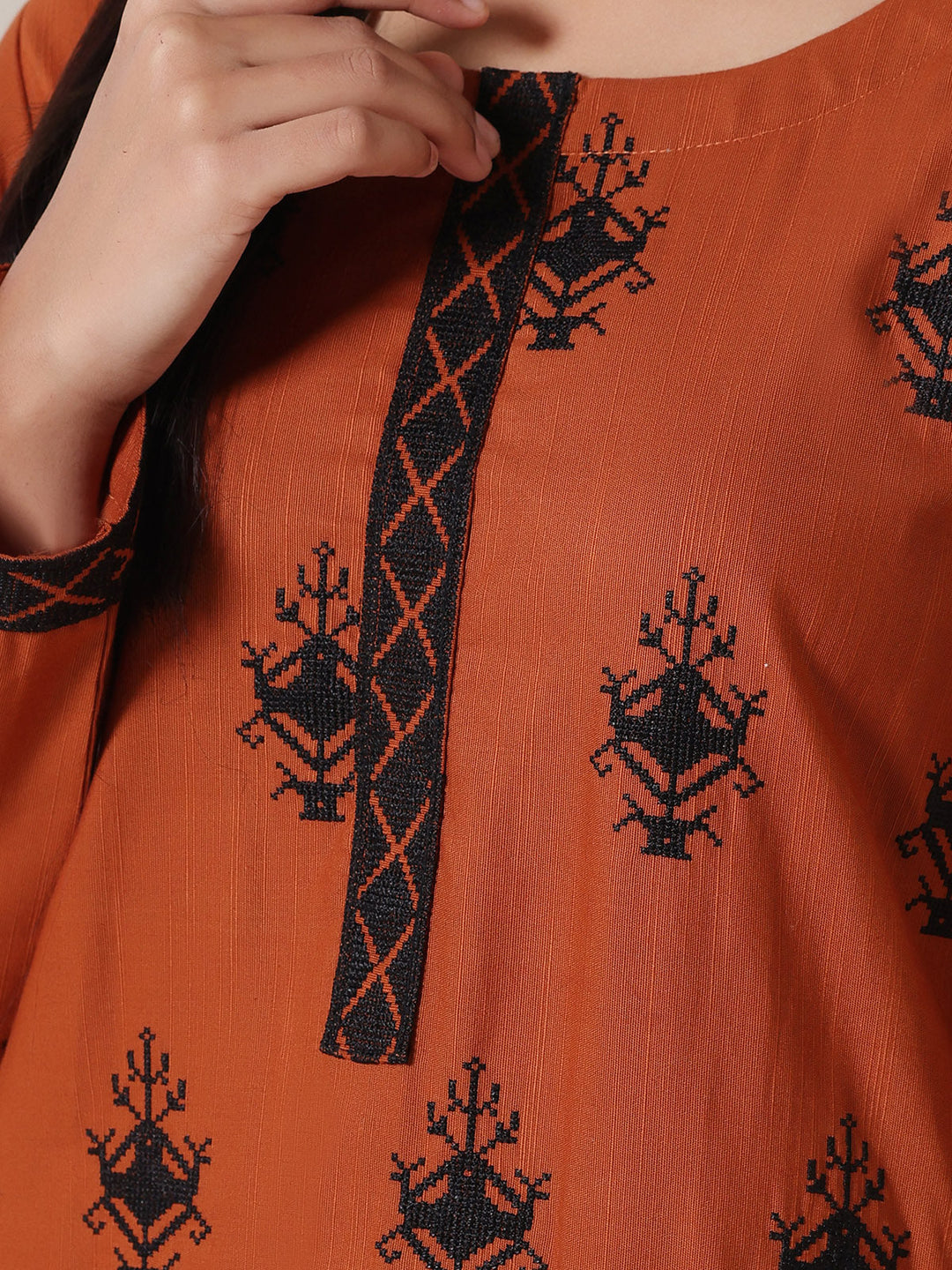 Oaks - Embroidered Khaddar Orange Pret Suit For Women - 2 Piece