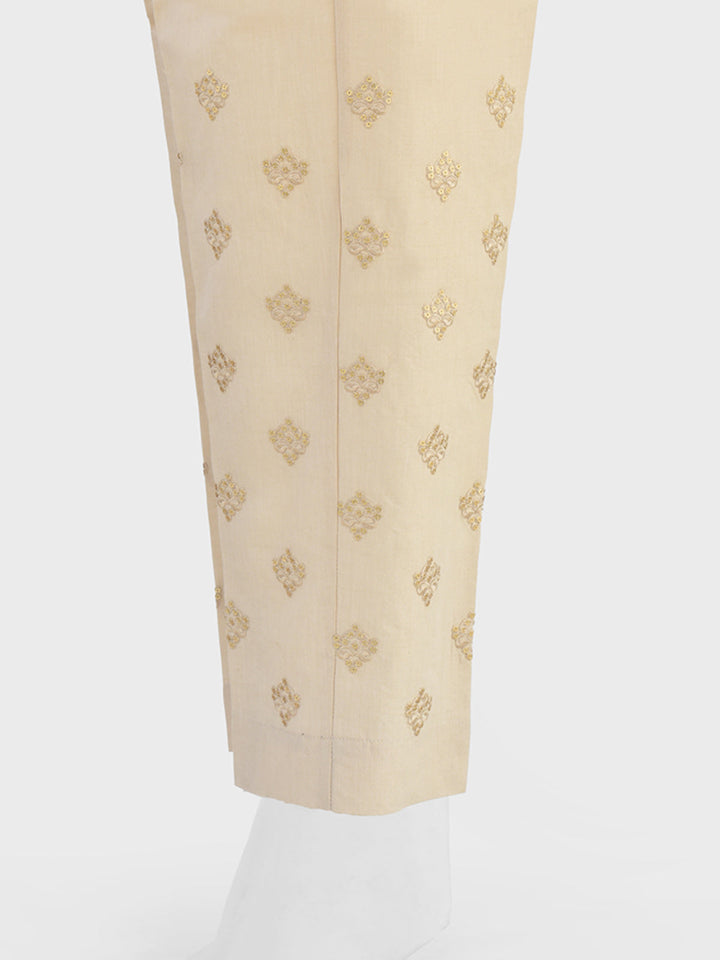 Oaks - Women Beige Cotton Silk Embroidered Trouser  - 1 Piece