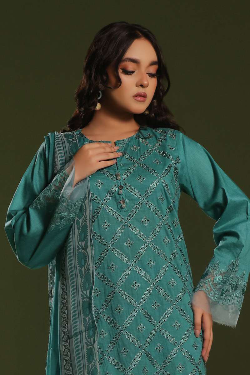 Oaks - Embroidered Unstitched Cambric Green  - 3 Piece