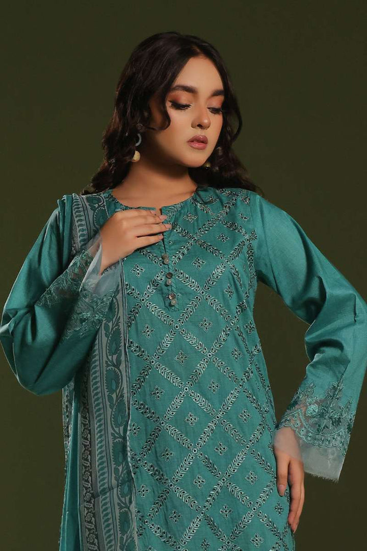 Oaks - Embroidered Pret Suit Cambric Green  - 3 Piece