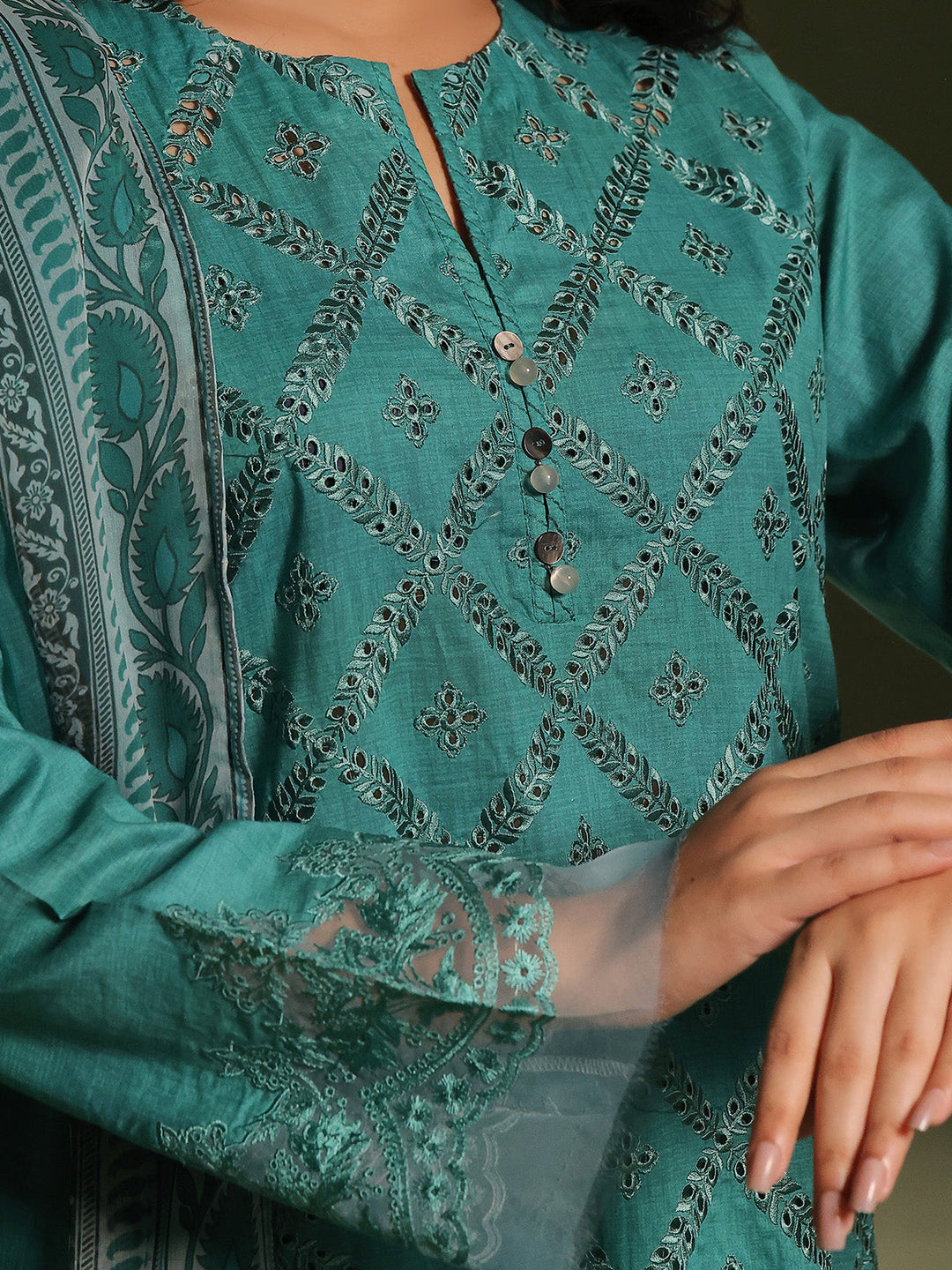 Oaks - Embroidered Pret Suit Cambric Green  - 3 Piece